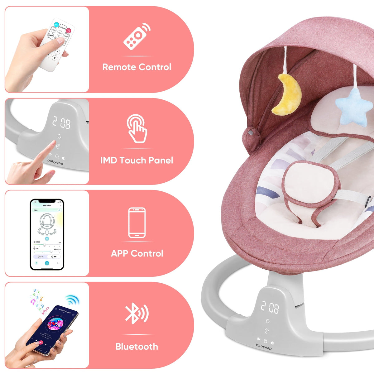 Babyeap Baby Swing for Infants - APP Remote Bluetooth Control, 5 Speed Settings, 10 Lullabies, Pink