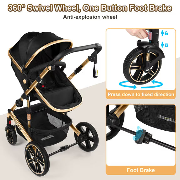 Vomeast Baby Stroller, Foldable Aluminum Alloy Stroller with Reversible, Travel Stroller for Newborn Infant, Black