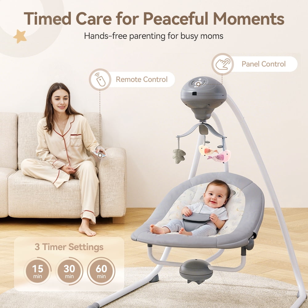 Baby Swing for Infants, Caveen Electric Baby Rocker with 360° Rotatable Seat, 2 Swing Directions, 3 Rotating Toys, for 0-6 Months, Grey