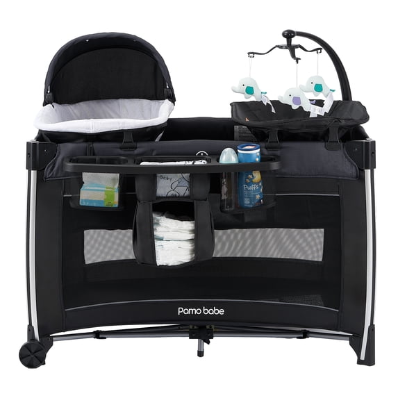 Pamo Babe 4 in 1 Baby Playard, Foldable Portable Crib with Bassinet & Changing Table and Toy Bar(Black)