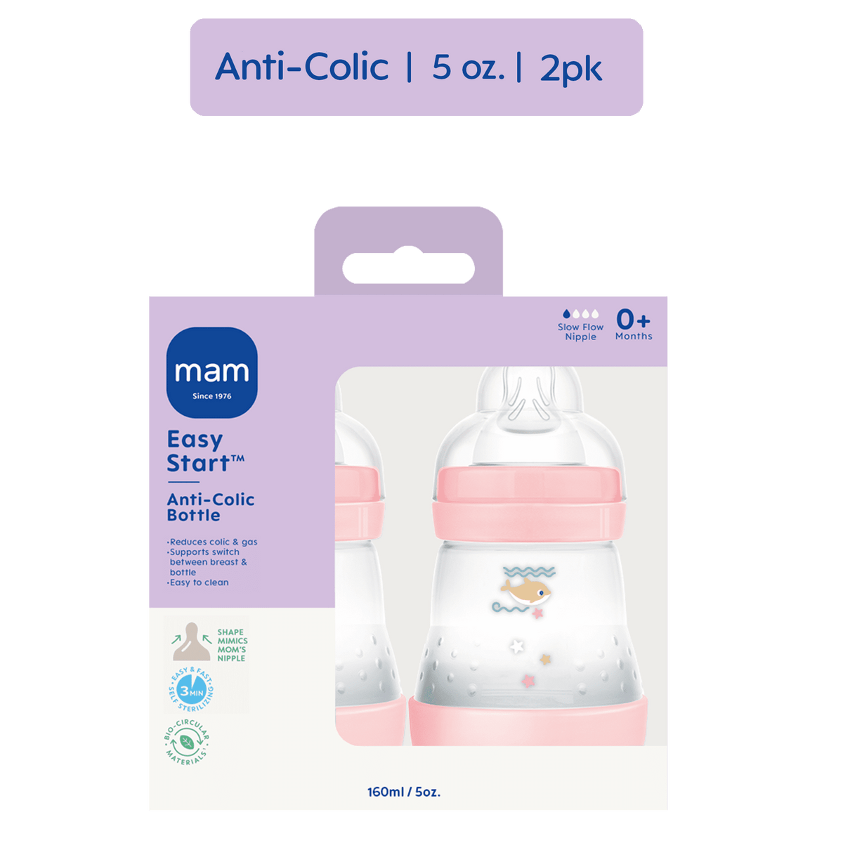 MAM Easy Start Anti-Colic Bottle, 5 oz, Girl, 2 Pack