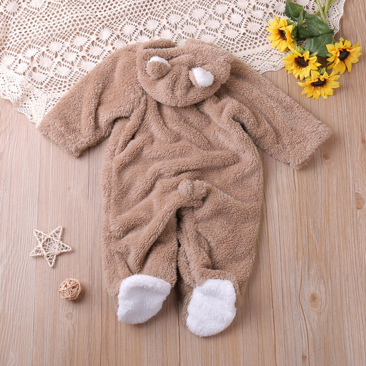 vdgthytj Newborn Boys Girls Fuzzy Jumpsuits Long Sleeve Winter Warm Cute Ears Loungewear Sleepwear Footed Rompers(3-6 Month,Khaki)