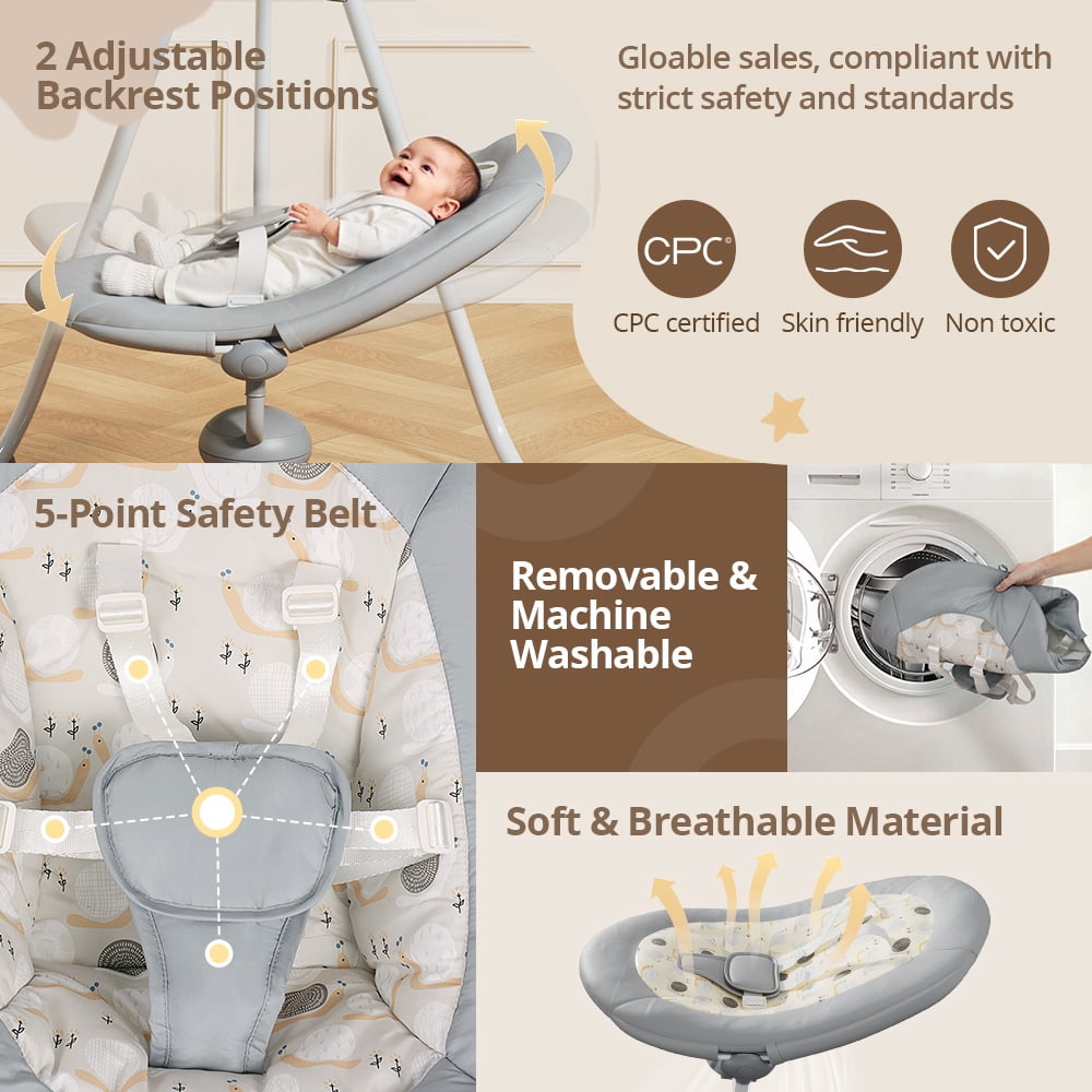 Baby Swing for Infants, Caveen Electric Baby Rocker with 360° Rotatable Seat, 2 Swing Directions, 3 Rotating Toys, for 0-6 Months, Grey