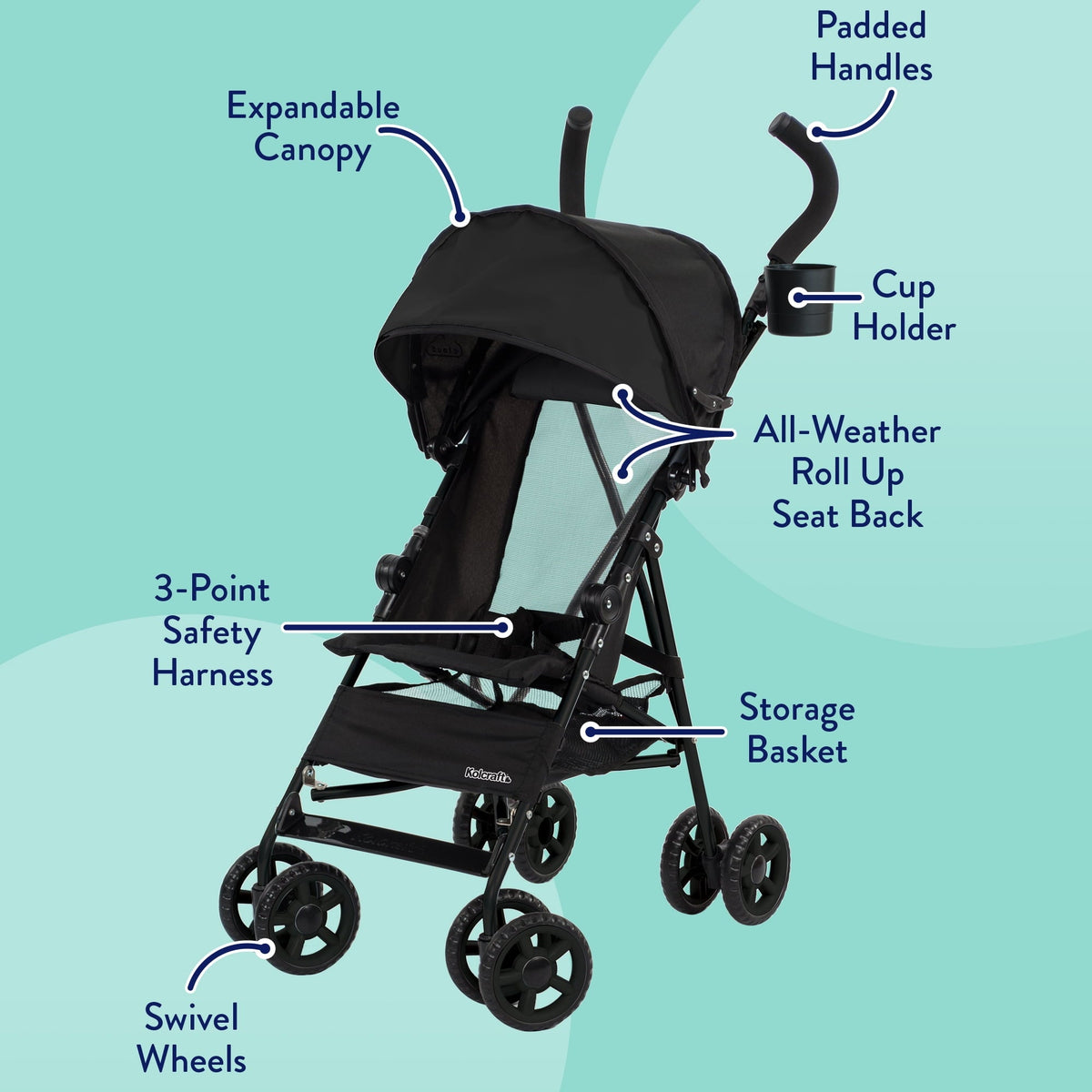 Kolcraft Cloud Umbrella Unisex 9.5 lb. Stroller, Black for Child/Toddler