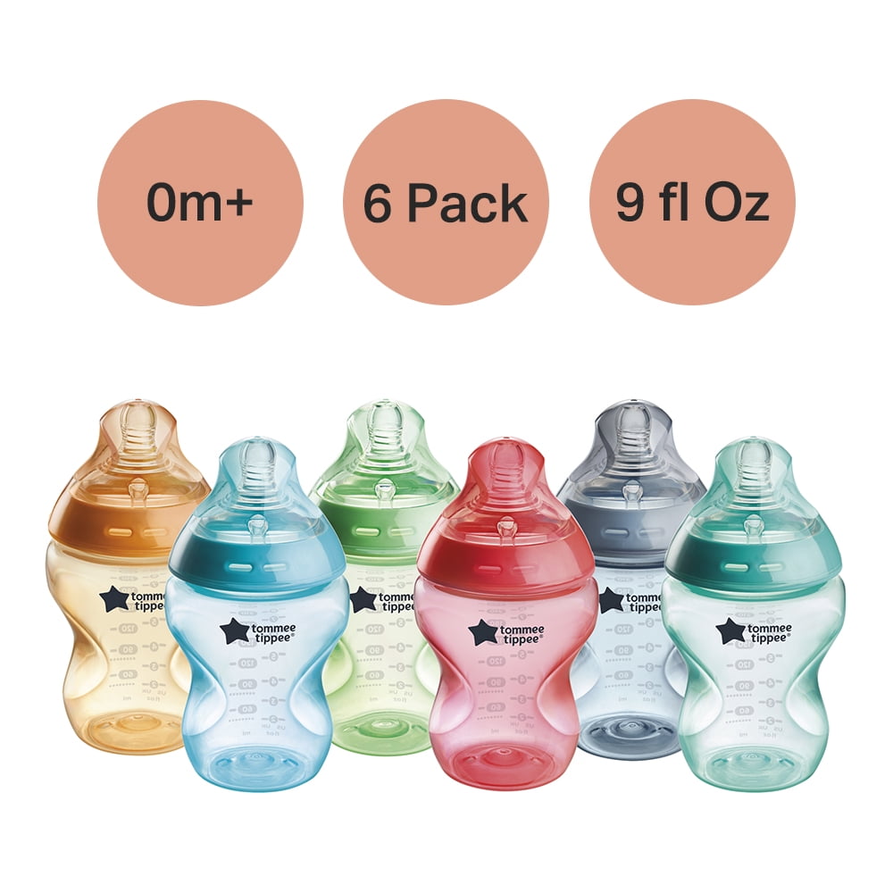 Tommee Tippee Natural Start Anti-Colic Colorful Baby Bottles, 9oz, 0 month+, Slow-Flow Breast-Like Nipple for a Natural Latch, Anti-Colic Valve, Fiesta, Pack of 6