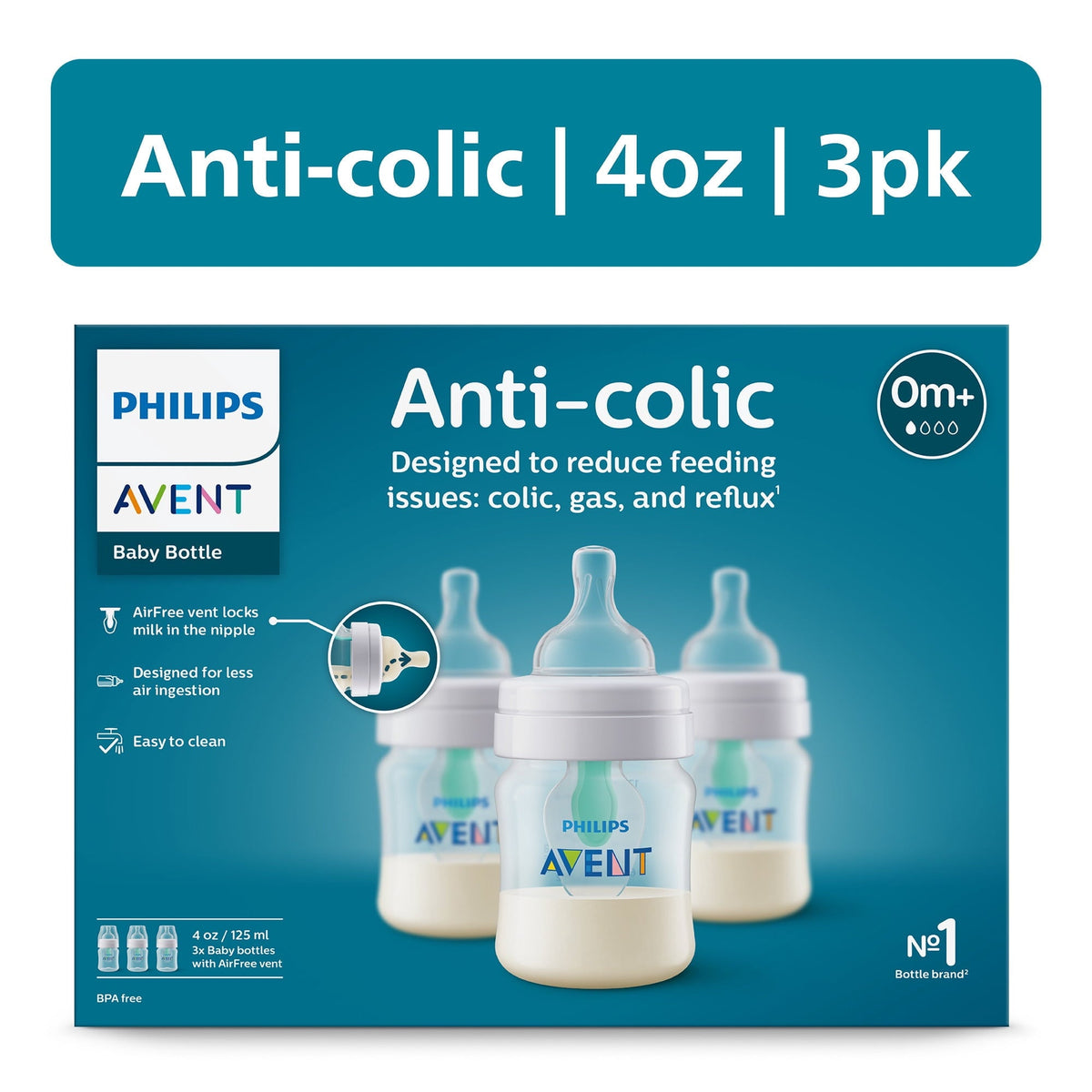 Philips Avent Anti-colic Baby Bottle with AirFree Vent, 4oz, 3pk, Clear, SCY701/93