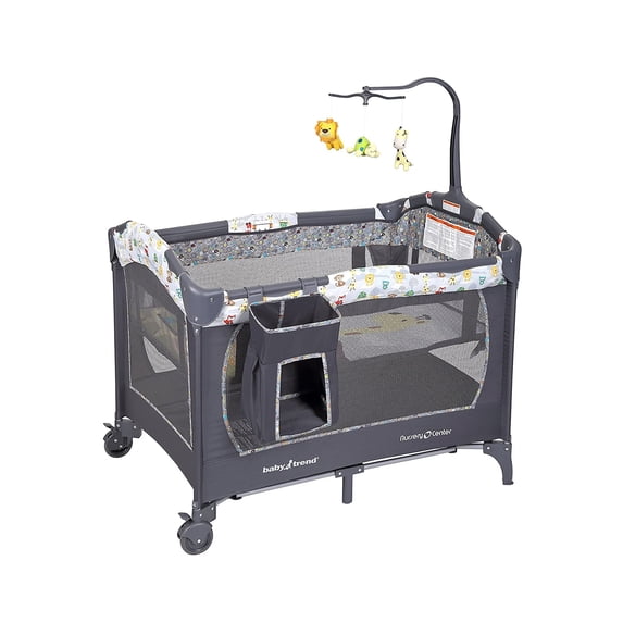 Baby Trend Nursery Center Playard with Toy Mobile, Tanzania Grey