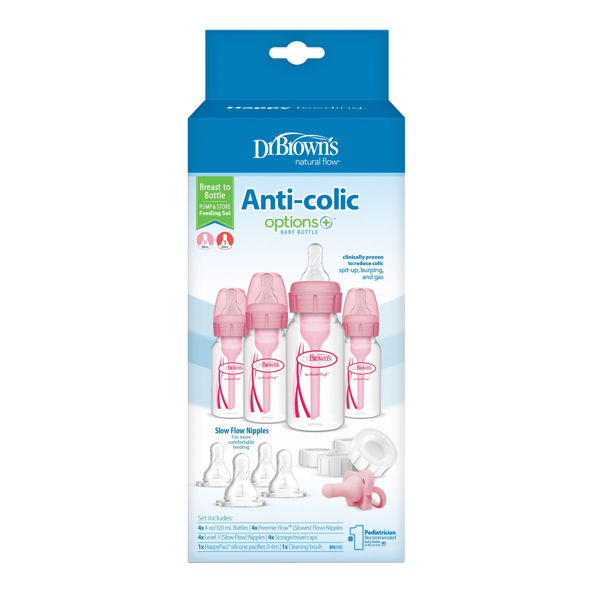 Dr. Brown's Natural Flow Anti-Colic Options+ Narrow Breast to Bottle Feeding Set, Pink, 4oz, 4 Pack