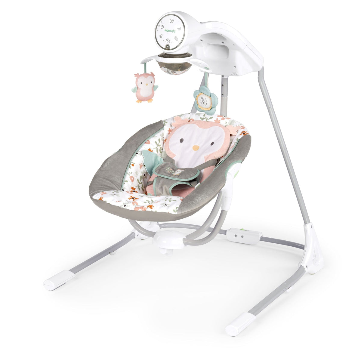 Ingenuity InLighten Baby Swing, 5-Speed, Swivel Infant Seat, Nature Sounds, Lights - Pink, Nally