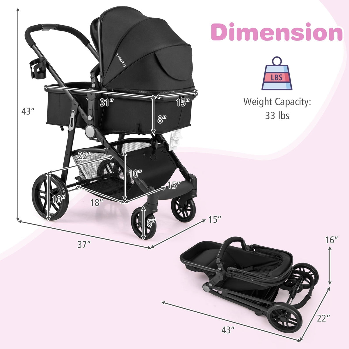 Babyjoy 2 in 1 Foldable Baby Stroller Kids Travel Newborn Infant Buggy Pushchair 22 lbs Black