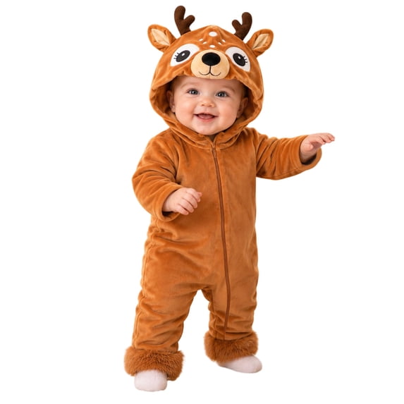 OJSFQUFP Baby Reindeer Toddler Fuzzy Plush Hooded Zipper Jumpsuit Infant Christmas Cosplay Romper