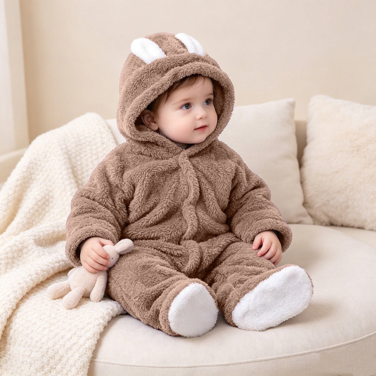 vdgthytj Newborn Boys Girls Fuzzy Jumpsuits Long Sleeve Winter Warm Cute Ears Loungewear Sleepwear Footed Rompers(3-6 Month,Khaki)