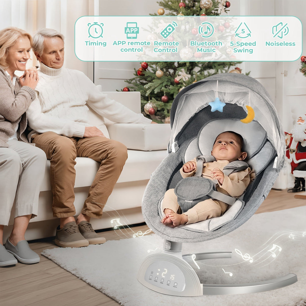 Baby Swing for Infant, HDJ Portable Electric Baby Swing with Music Playing, Touch Screen, Remote Bluetooth Control, Grey