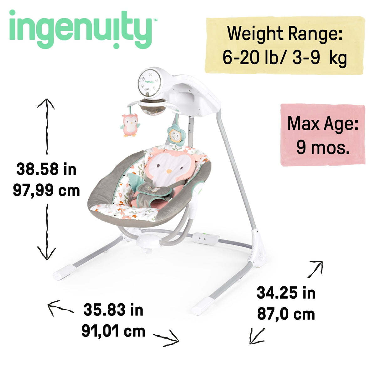 Ingenuity InLighten Baby Swing, 5-Speed, Swivel Infant Seat, Nature Sounds, Lights - Pink, Nally