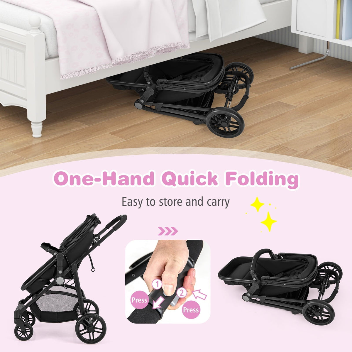Babyjoy 2 in 1 Foldable Baby Stroller Kids Travel Newborn Infant Buggy Pushchair 22 lbs Black
