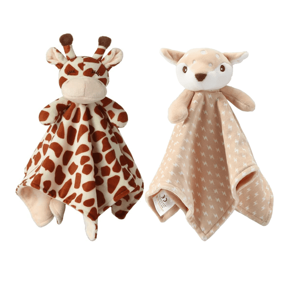 CREVENT Plush Brown Deer and Giraffe Baby Security Blanket,2-Pack