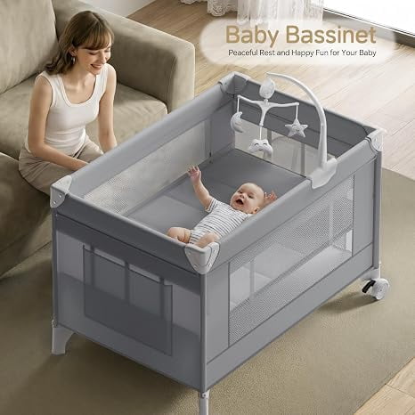 4 in 1 Baby Playard with Bassinet, Portable Bedside Crib Sleeper with Diaper Changer, Foldable Baby Playard Crib with Mattress and Wheels, Newborn to Toddler，Grey