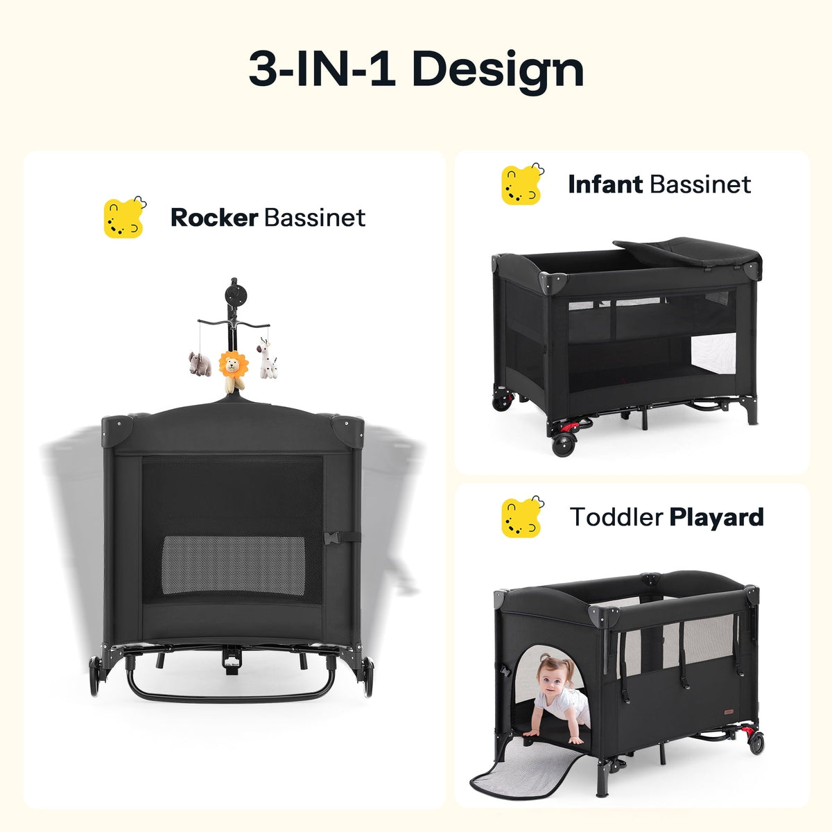 HARPPA 5-in-1 Baby Bassinet with Playard & Changing Table for Infants, Black