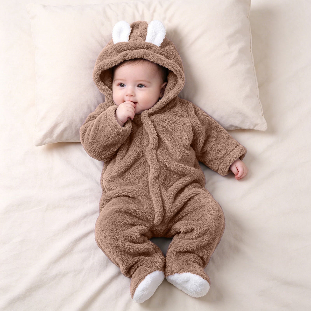 vdgthytj Newborn Boys Girls Fuzzy Jumpsuits Long Sleeve Winter Warm Cute Ears Loungewear Sleepwear Footed Rompers(3-6 Month,Khaki)