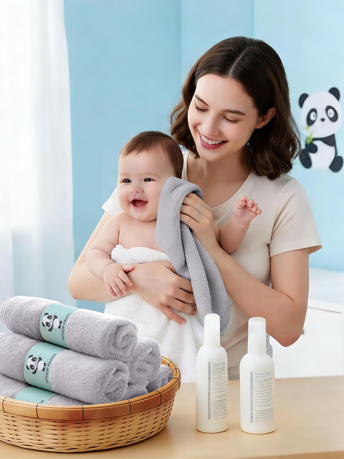 HIPHOP PANDA Baby Washcloths, Rayon Made from Bamboo - 2 Layer Ultra Soft Absorbent Newborn Bath Face Towel - Reusable Baby Wipes for Delicate Skin - Grey, 6 Pack