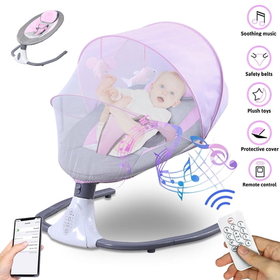Beuway Electric Baby Swing for Infants - Bluetooth Music Speaker with 12 Lullabies, 4 Speeds, 4 Timers, Remote Control, Pink