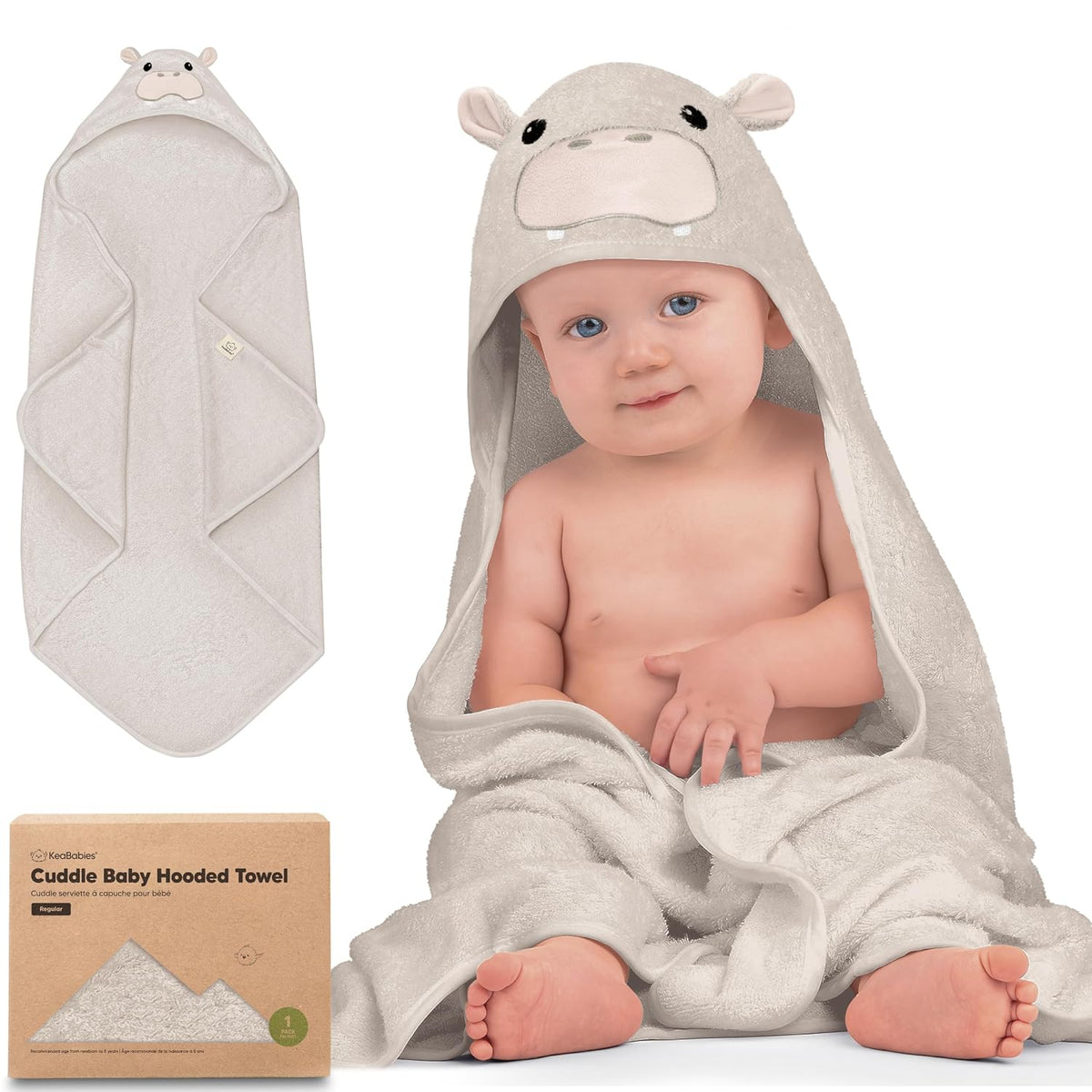 KeaBabies Hooded Baby Towel for Newborn, Baby Bath Towels (Hippo, 35x35)