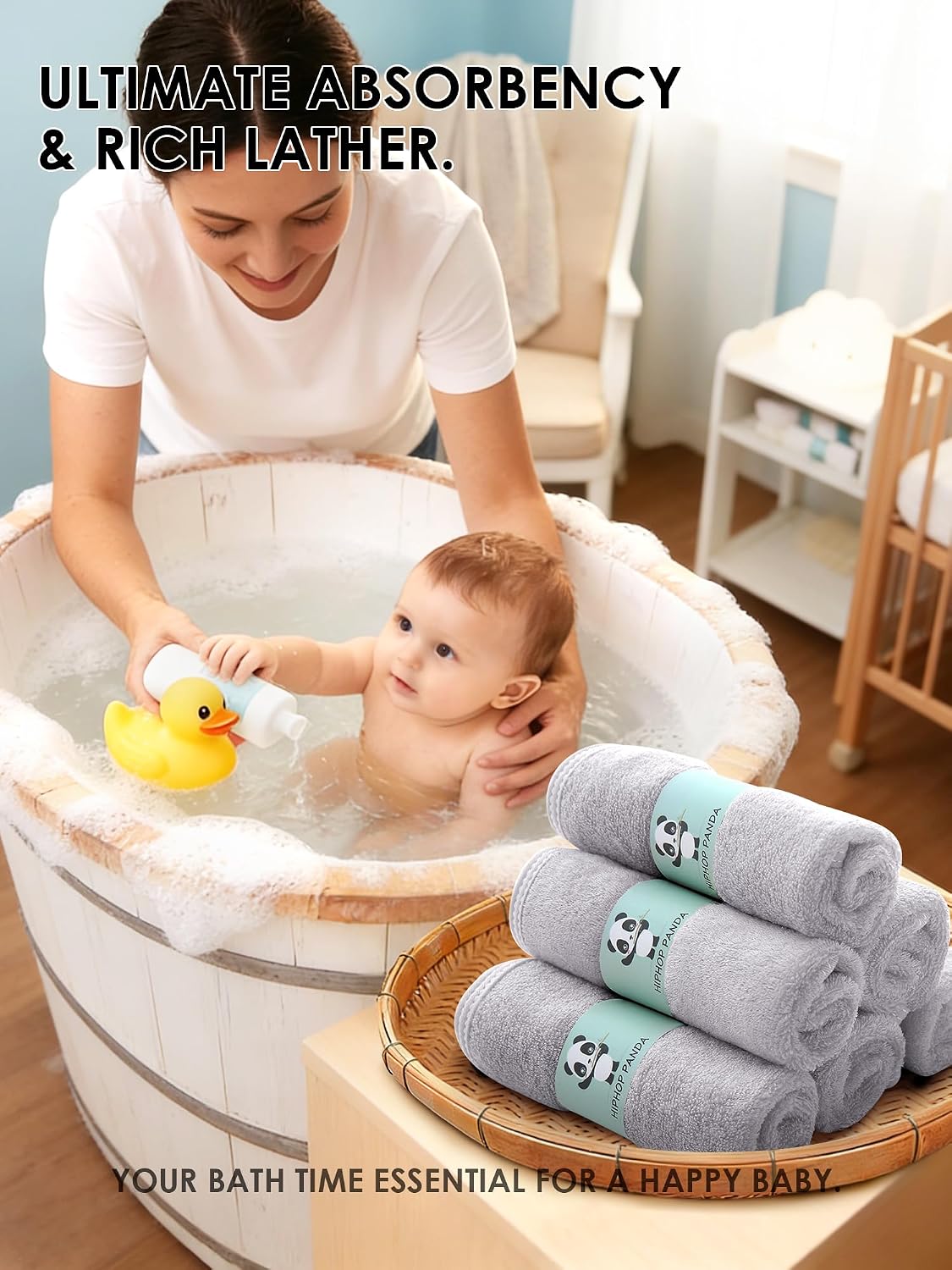 HIPHOP PANDA Baby Washcloths, Rayon Made from Bamboo - 2 Layer Ultra Soft Absorbent Newborn Bath Face Towel - Reusable Baby Wipes for Delicate Skin - Grey, 6 Pack