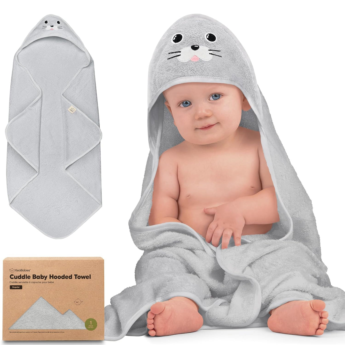 KeaBabies Hooded Baby Towel for Newborn, Baby Bath Towels (Seal, 35x35)