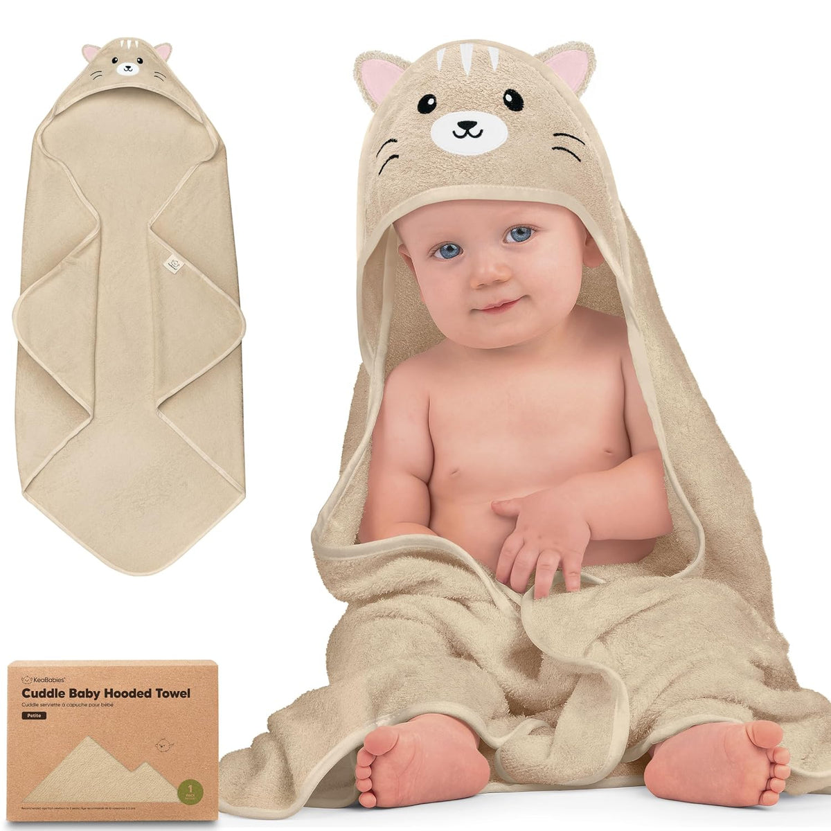 KeaBabies Hooded Baby Towel for Newborn, Baby Bath Towels (Cat, 30x30)