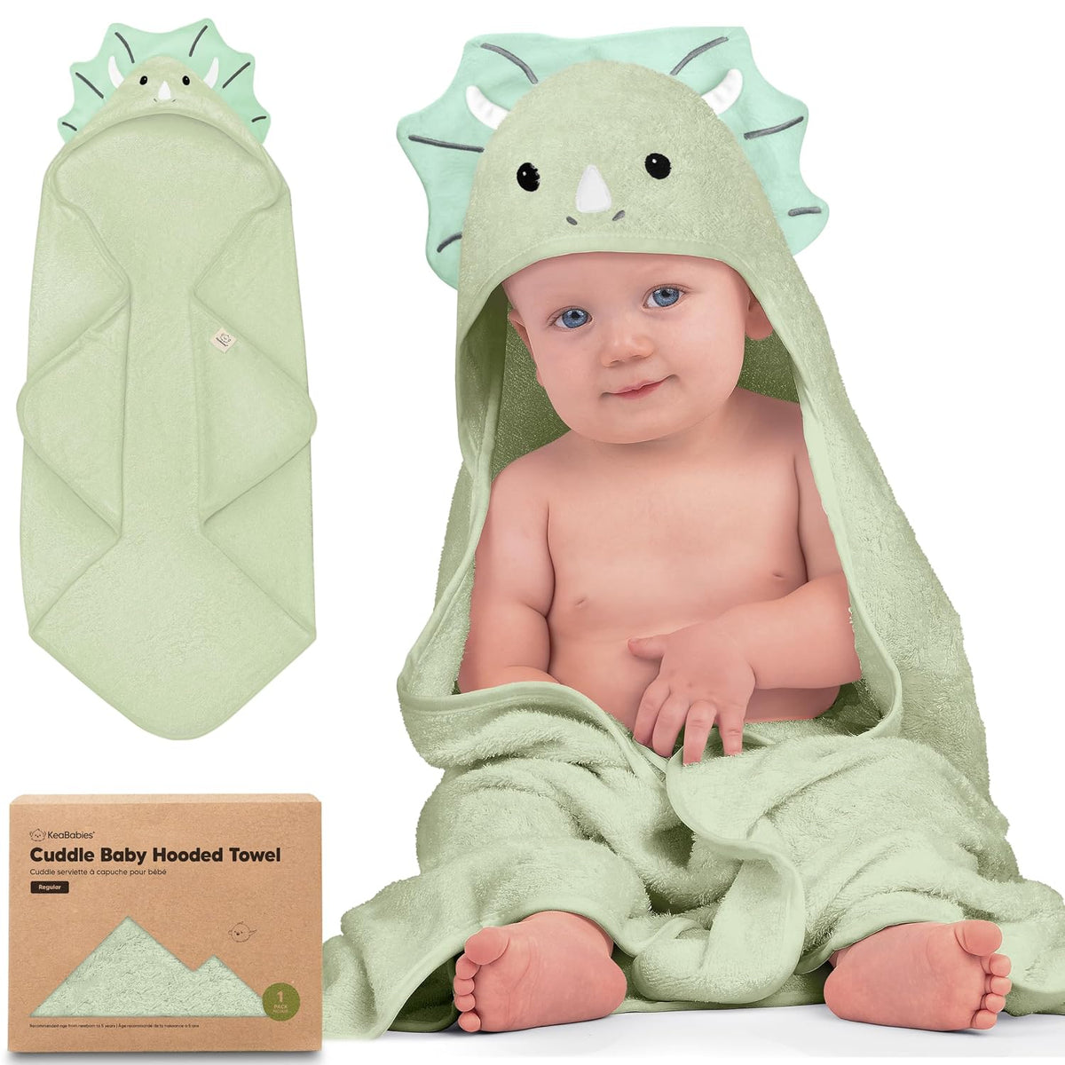 KeaBabies Hooded Baby Towel for Newborn, Baby Towels (Triceratops, 35x35)