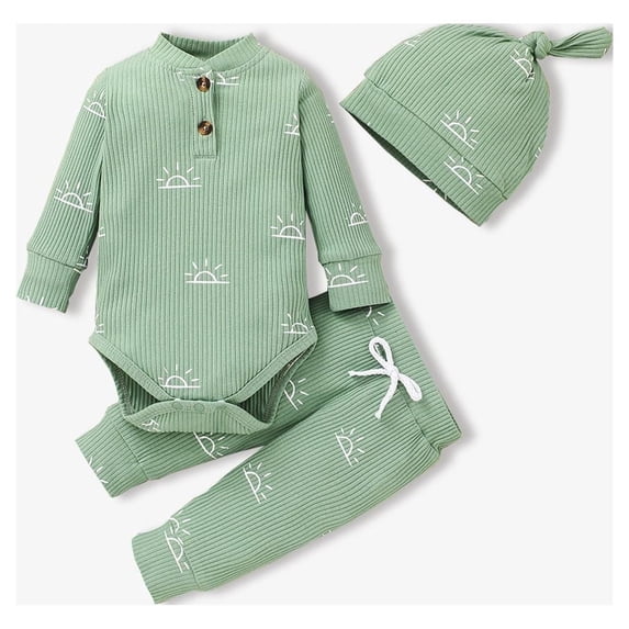 PatPat Newborn Baby Pajamas Boy Girl Clothes Cotton Outdfit Sets Ribbed Long Sleeve Romper and Pants with Cap 0-3 Months