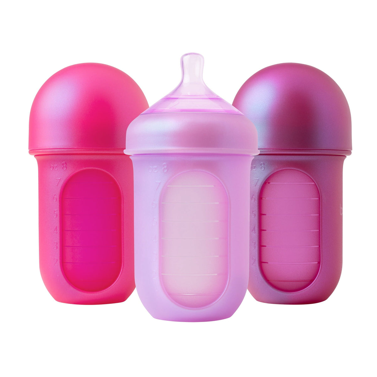 Boon NURSH® Reusable Baby Bottles with Platinum Food-Safe Silicone – Stage 2 Medium Flow – 8oz – Pink Iridescent (3pk)