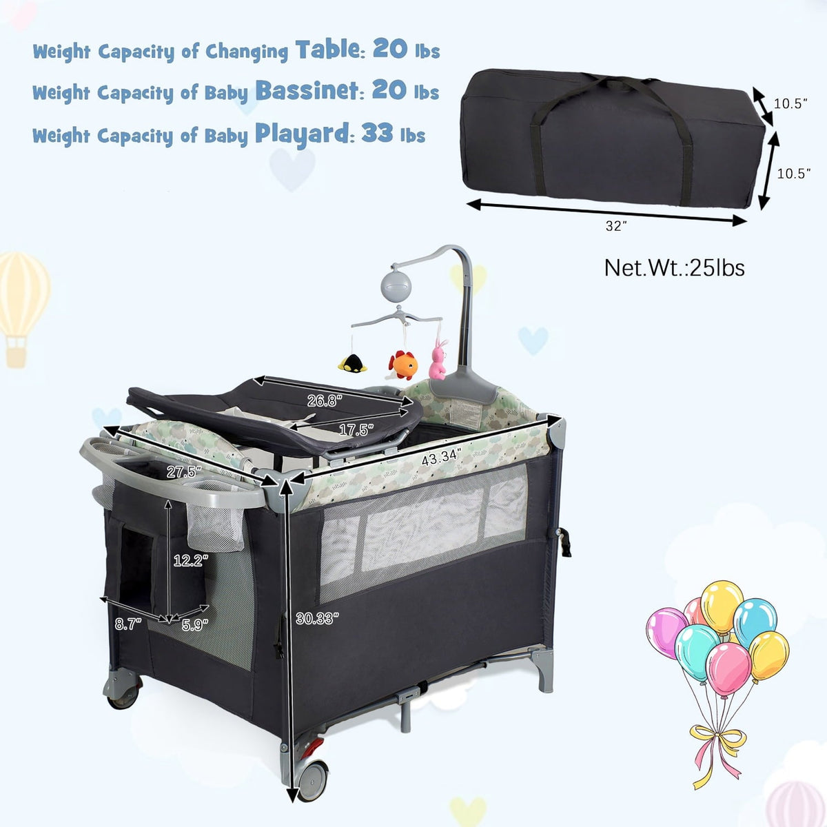 Steanny Pack 'n Play Foldable Playard with Bassinet Bedside Sleeper, Suitable for Unisex Newborns to Toddlers