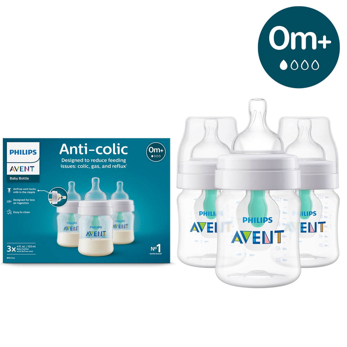 Philips Avent Anti-colic Baby Bottle with AirFree Vent, 4oz, 3pk, Clear, SCY701/93