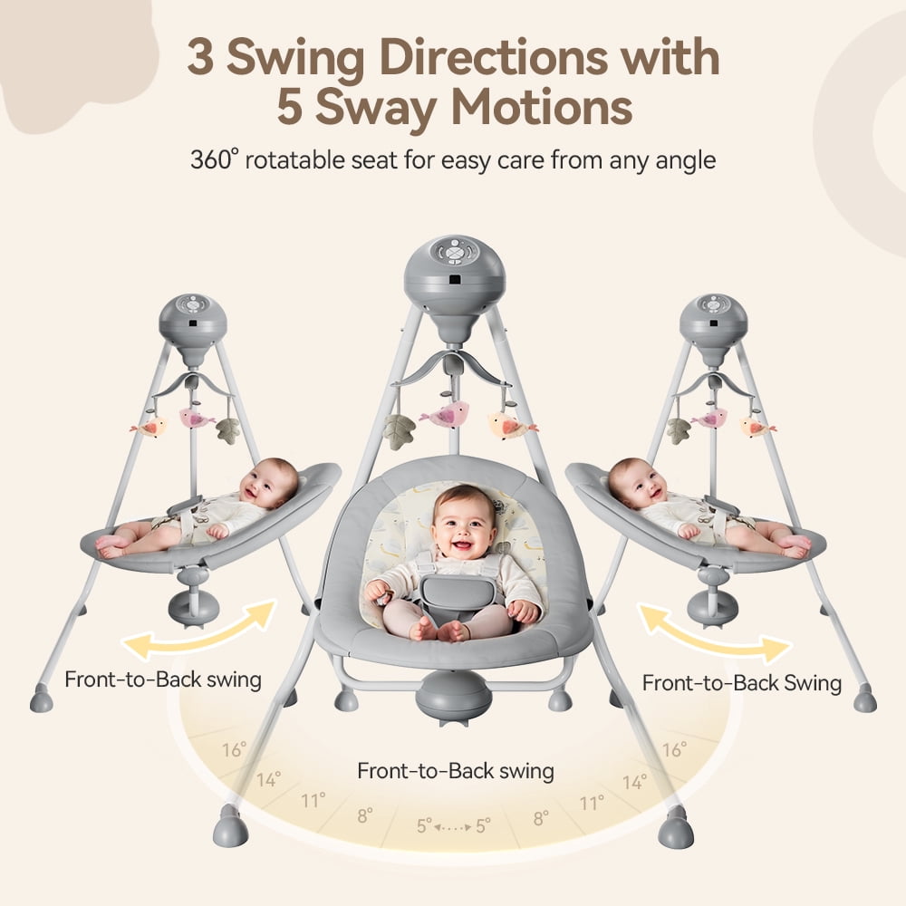 Baby Swing for Infants, Caveen Electric Baby Rocker with 360° Rotatable Seat, 2 Swing Directions, 3 Rotating Toys, for 0-6 Months, Grey