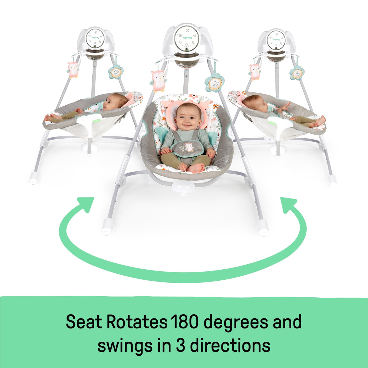 Ingenuity InLighten Baby Swing, 5-Speed, Swivel Infant Seat, Nature Sounds, Lights - Pink, Nally