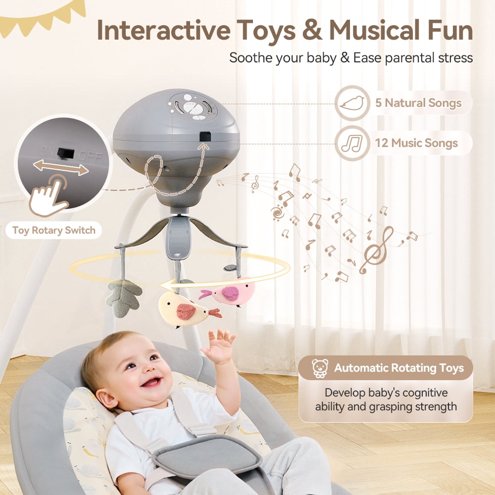 Baby Swing for Infants, Caveen Electric Baby Rocker with 360° Rotatable Seat, 2 Swing Directions, 3 Rotating Toys, for 0-6 Months, Grey