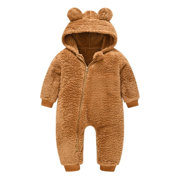 Infant Baby Fleece Jumpsuits Boys Girls Bear Ear Snowsuit Newborn Zip Up Long Sleeve Hooded Romper Warm Coat