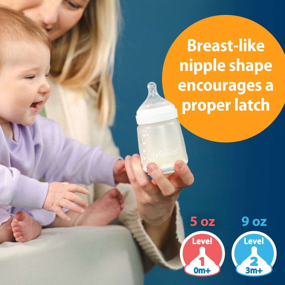 Dr. Brown's Silicone Baby Bottle with Collapsible Insert Designed to Reduce Colic, 9 oz with Wide-Neck Level 2 Medium Flow Nipple, BPA-Free, 3m+, Blue, 1-Pack