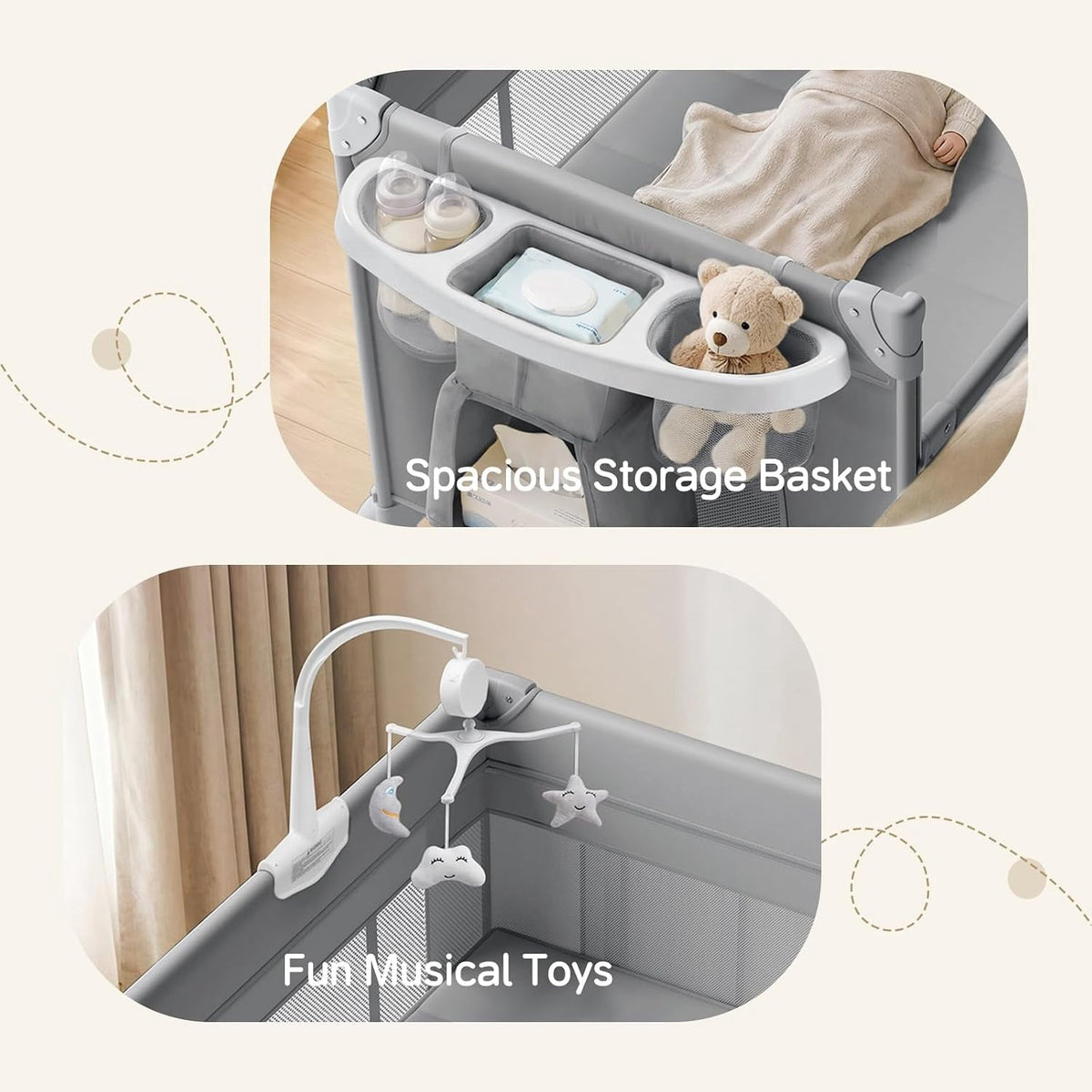 4 in 1 Baby Playard with Bassinet, Portable Bedside Crib Sleeper with Diaper Changer, Foldable Baby Playard Crib with Mattress and Wheels, Newborn to Toddler，Grey