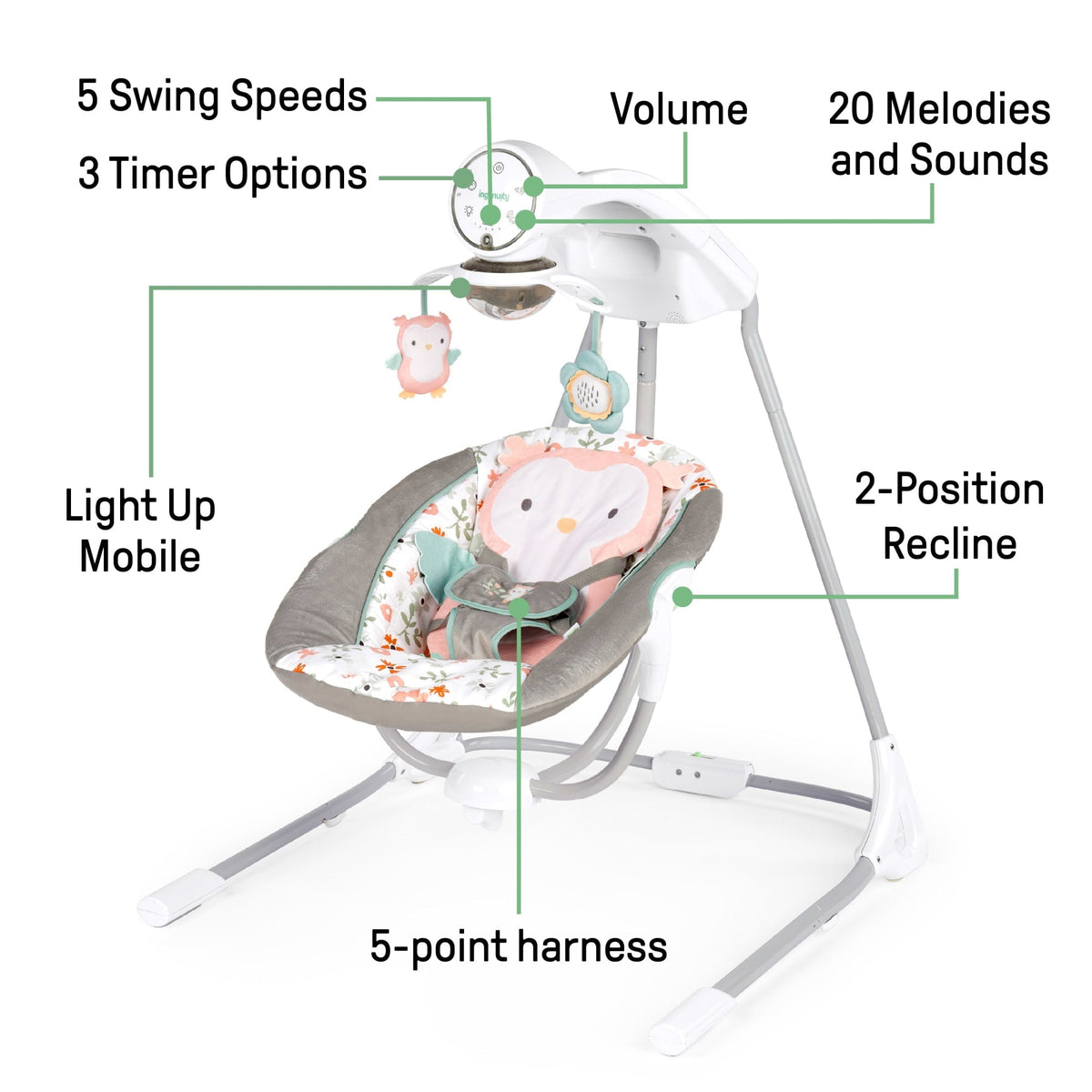 Ingenuity InLighten Baby Swing, 5-Speed, Swivel Infant Seat, Nature Sounds, Lights - Pink, Nally