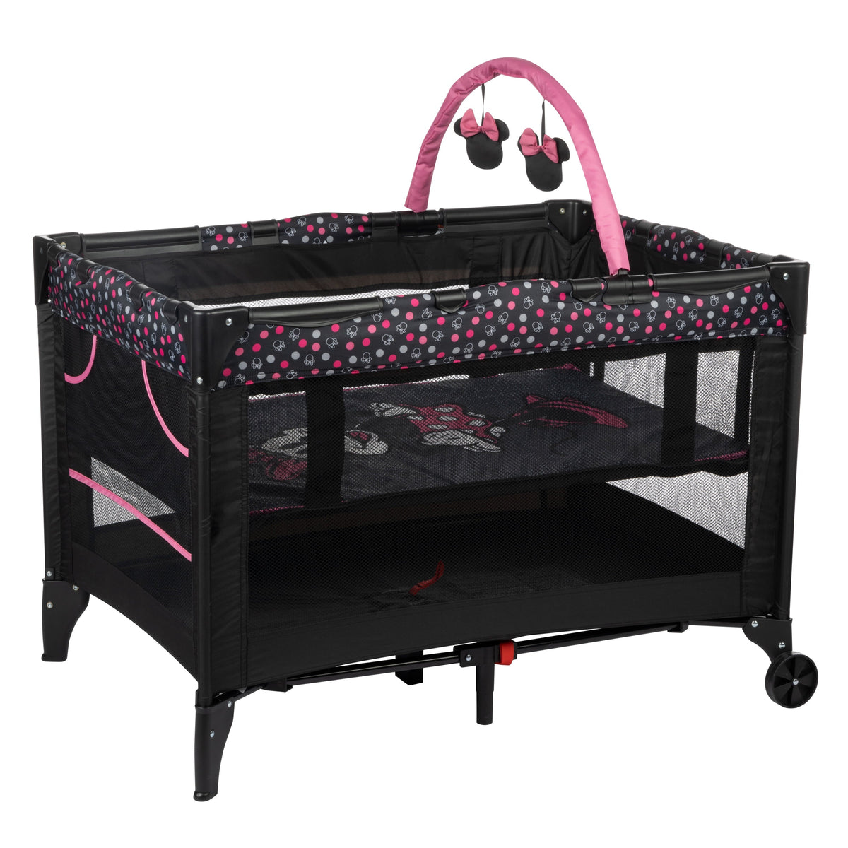 Disney Baby 3D Ultra Play Yard with Bassinet, Toy Bar & Carry Bag – Modern Minnie – Portable Infant Playpen & Travel Crib