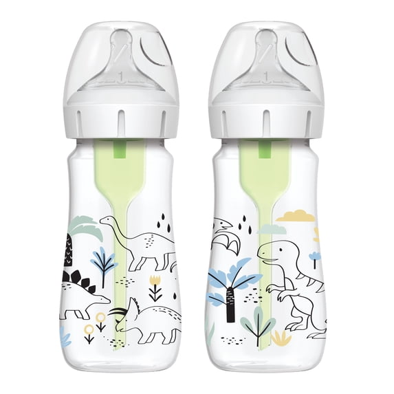 Dr. Brown's Natural Flow Anti-Colic Options+ Wide-Neck Baby Bottle, Dino Decos, 9oz/270ml, Level 1 Slow Flow, 0m+, 2 Pack
