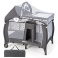 INFANS 4 in 1 Pack and Play, Portable Travel Baby Playard with Bassinet, Changing Table, Canopy, Mosquito Net, Hanging Toys, Music Box, Storage Bag, Large Playpen from Newborn to Toddlers