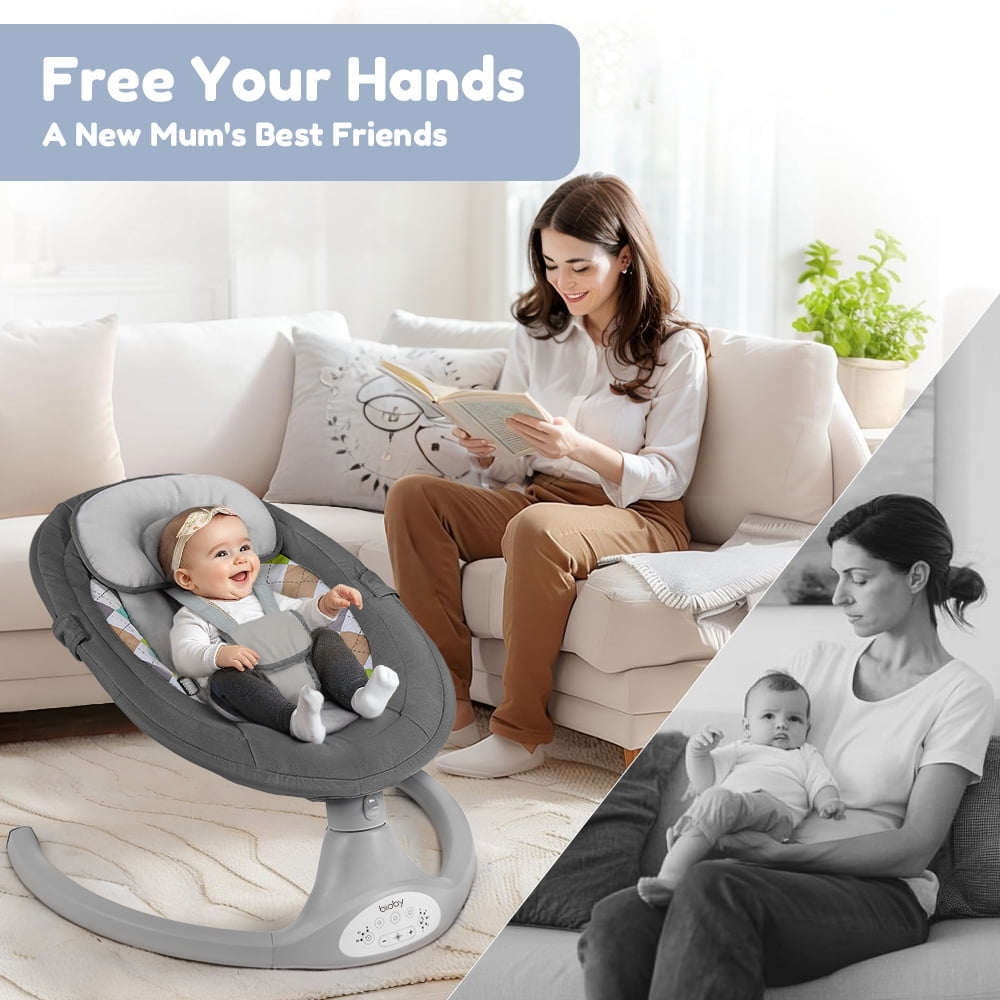 Electric Baby Swing, Caveen Infant Swing Rocker with Remote Control, 5 Sway Speeds, Bluetooth Music, Grey