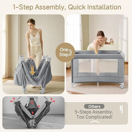 4 in 1 Baby Playard with Bassinet, Portable Bedside Crib Sleeper with Diaper Changer, Foldable Baby Playard Crib with Mattress and Wheels, Newborn to Toddler，Grey