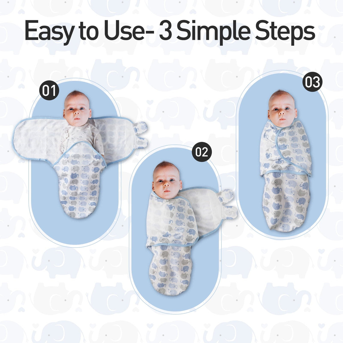 Gllquen Baby Organic Cotton Swaddle 3-Pack for 0-3 Months Newborn Infant Boys Girls, Blue Elephants