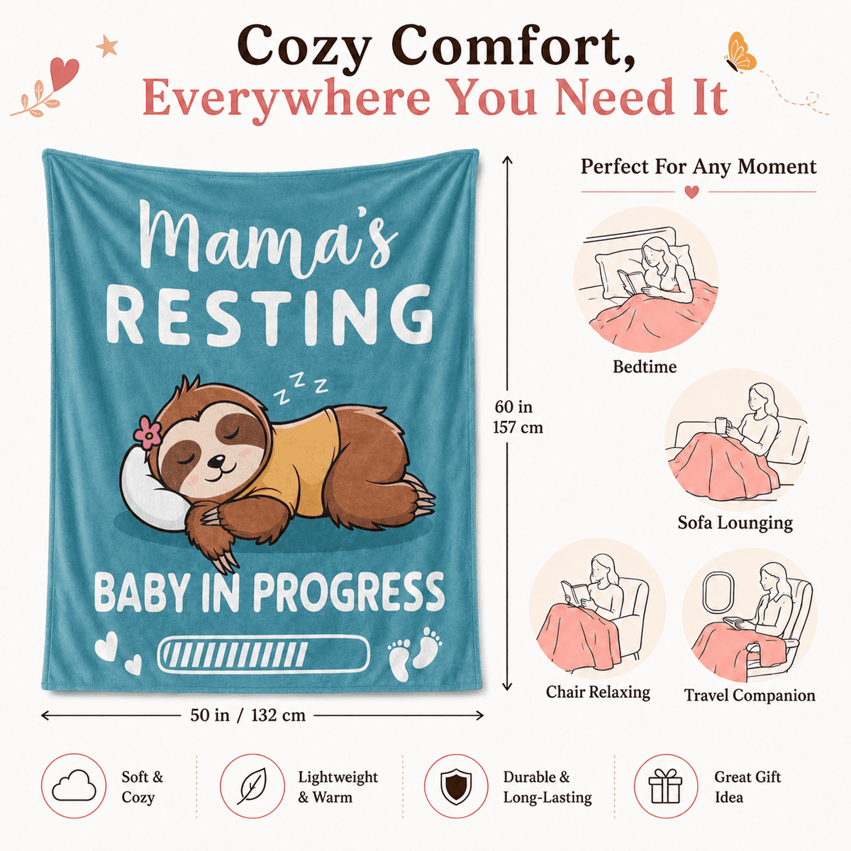 MEYRKLOE Pregnancy Throw Blanket, Fall Blanket, Sister Birthday Gifts, Soft Flannel Maternity Gift for Expecting Mom, Cyan, 60 x 50 in