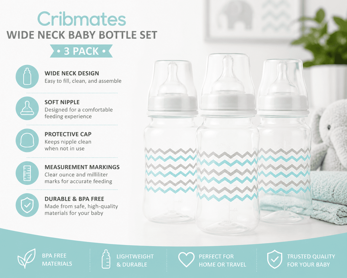 Cribmates Wide Neck Baby Bottles, Elephant Zigzag Teal/Grey, 3 Pack