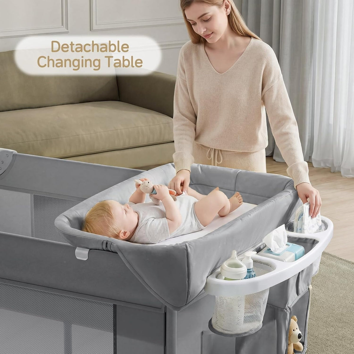 4 in 1 Baby Playard with Bassinet, Portable Bedside Crib Sleeper with Diaper Changer, Foldable Baby Playard Crib with Mattress and Wheels, Newborn to Toddler，Grey